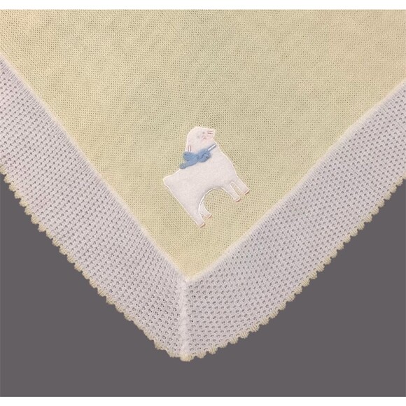Baby Kisses Other - VTG Baby Kisses Yellow White Acrylic Weave Baby Baptism Blanket Embroidered Lamb